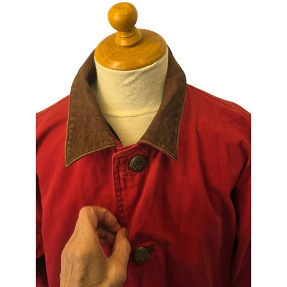 Marlboro Red Canvas Barn Coat Jacket Sz M Leather Detail Brass Buttons - Picture 7 of 13